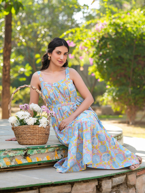 Light Blue Pure Cotton Floral Tiered Dress
